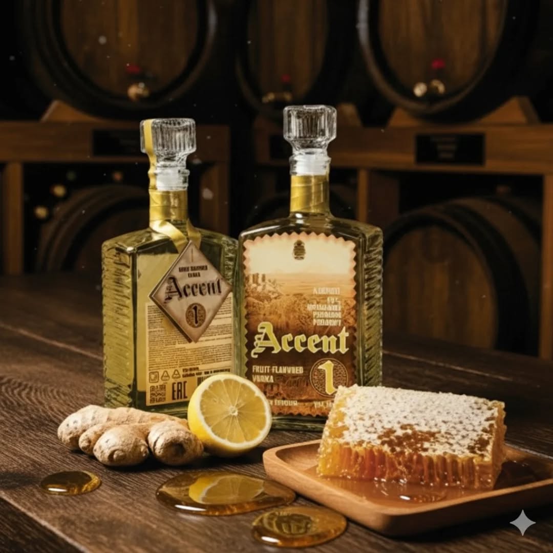 Accent 1 bottles with ginger, lemon and honeycomb on a wooden surface in front of oak barrels