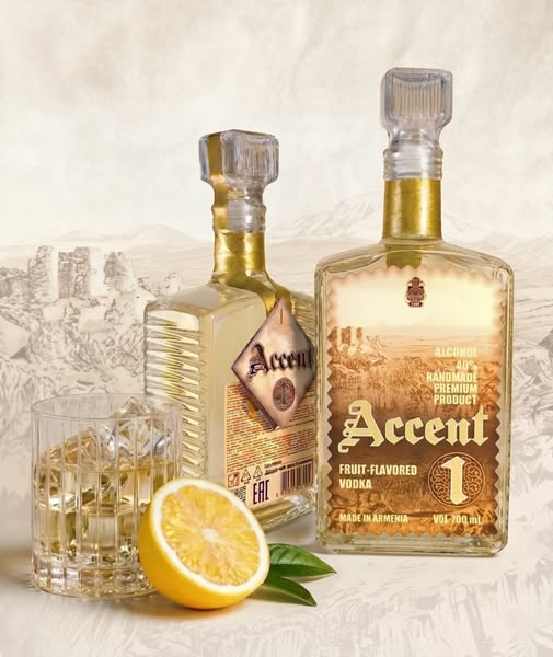Two Accent 1 bottles with lemon and a sketched Armenian landscape