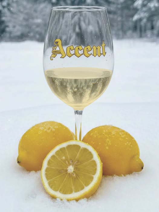 Engraved Accent wine glass with lemons in fresh snow